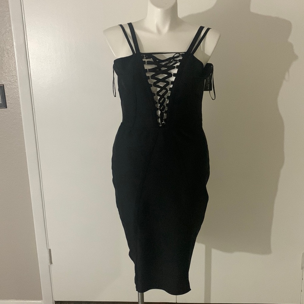 Black Lace-Up Midi Dress with Double Straps